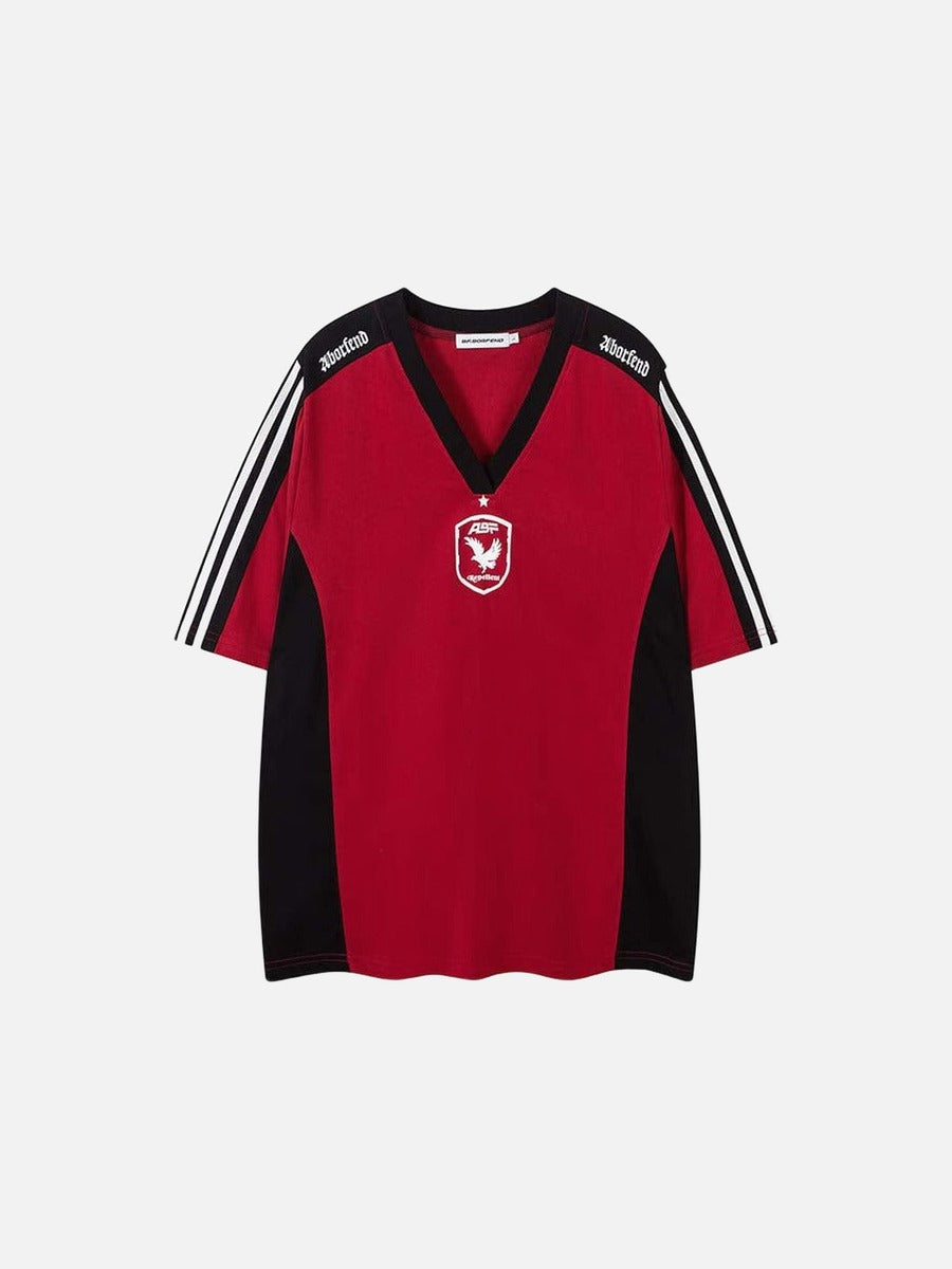 DAXUEN Oversized V-neck T-shirt with contrasting panels and graphics