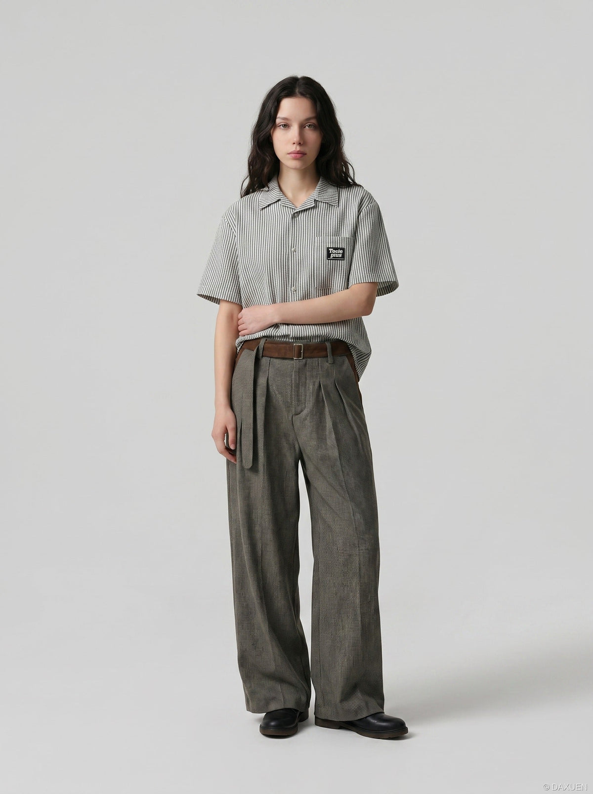 DAXUEN Retro Vertical Stripe Button-Up Shirt | DAXUEN — model photo