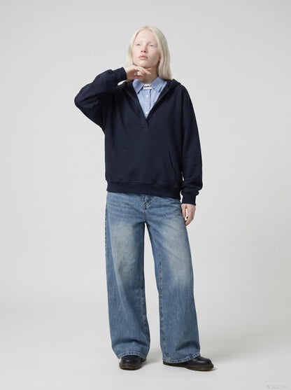 DAXUEN Wide-leg distressed denim jeans in light and dark washes — model photo