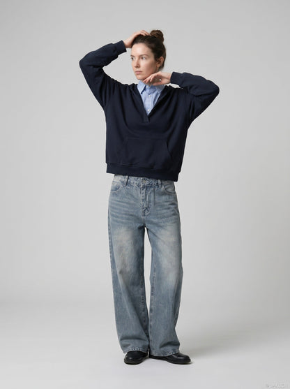 DAXUEN Wide-leg distressed denim jeans in light and dark washes — model photo