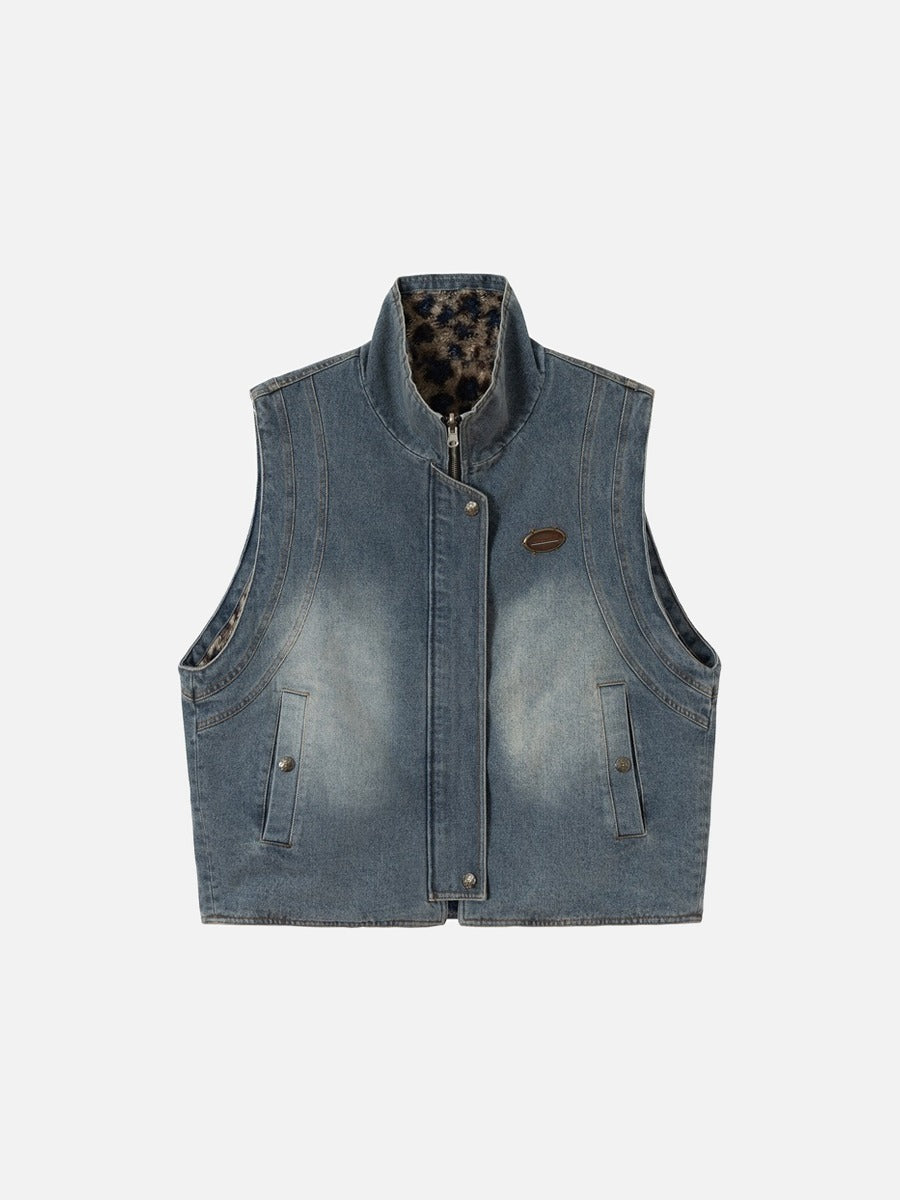 DAXUEN blue denim and leopard fleece reversible vest