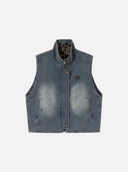 DAXUEN blue denim and leopard fleece reversible vest