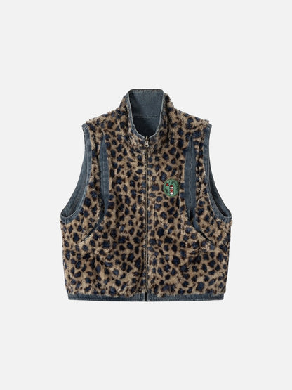 DAXUEN blue denim and leopard fleece reversible vest