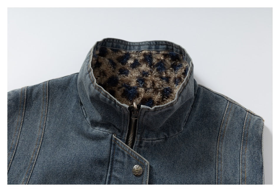 DAXUEN blue denim and leopard fleece reversible vest