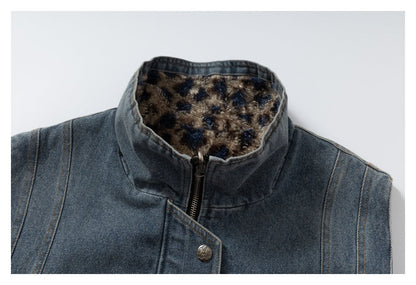 DAXUEN blue denim and leopard fleece reversible vest