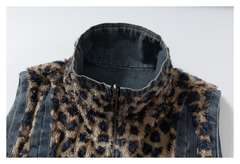 DAXUEN blue denim and leopard fleece reversible vest