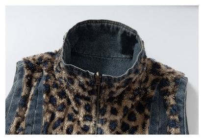 DAXUEN blue denim and leopard fleece reversible vest