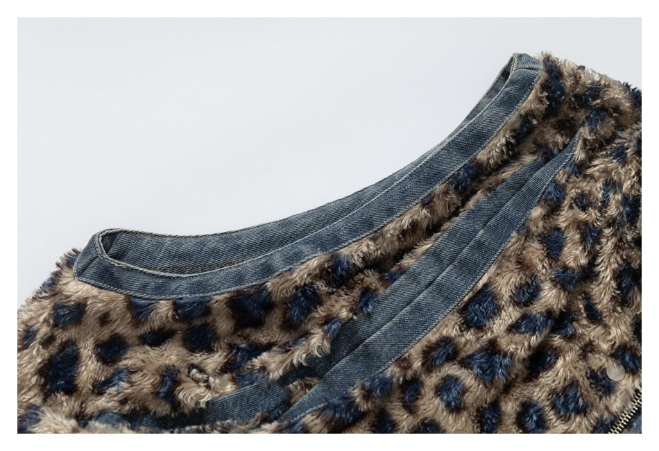 DAXUEN blue denim and leopard fleece reversible vest