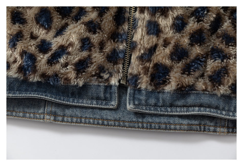 DAXUEN blue denim and leopard fleece reversible vest