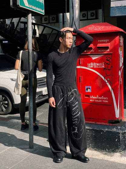 Rhinestone Script Wide-Leg Sweatpants