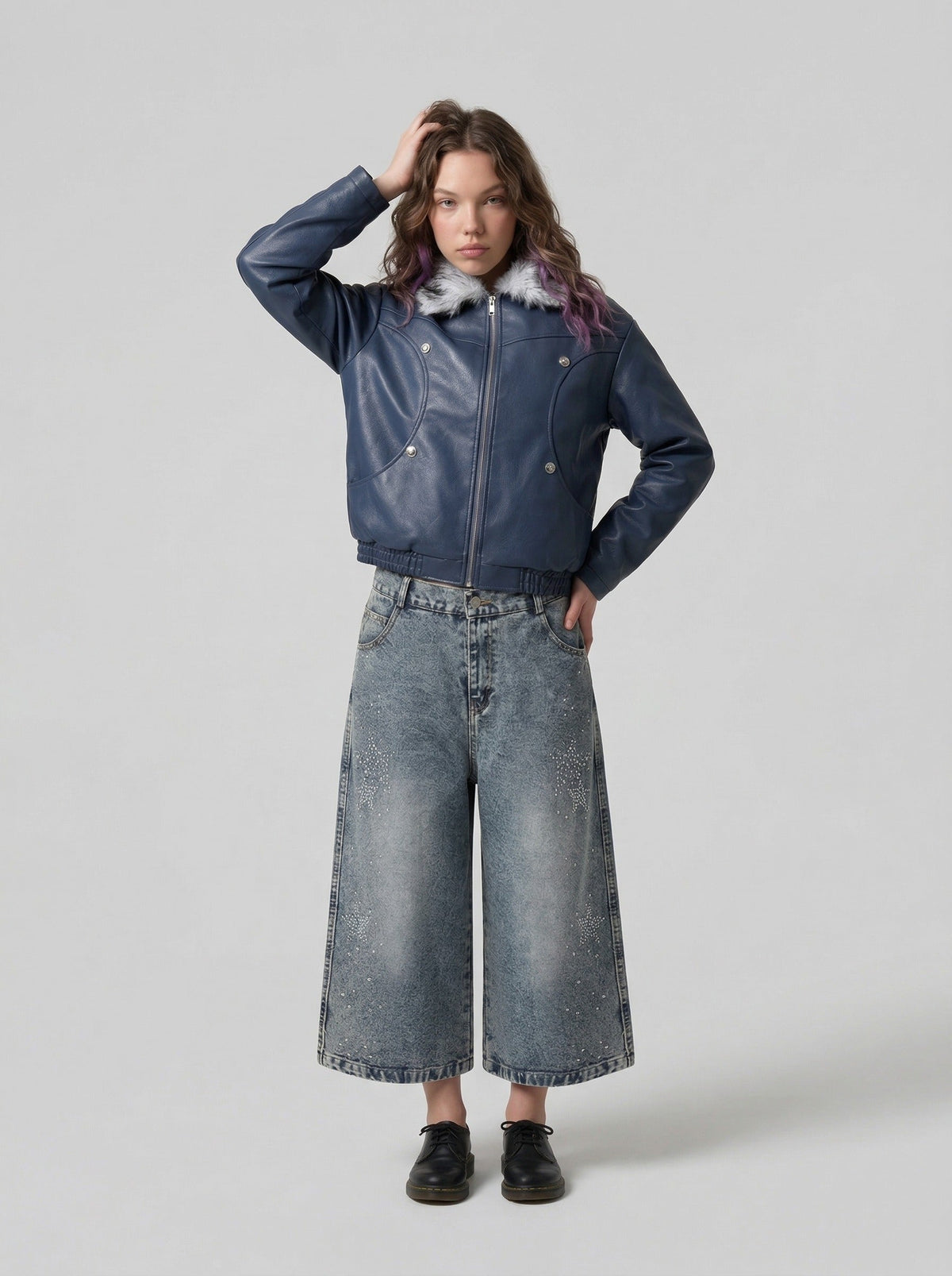 DAXUEN Rhinestone wide-leg denim culottes — model photo