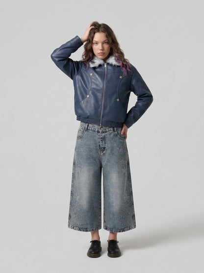 DAXUEN Rhinestone wide-leg denim culottes — model photo