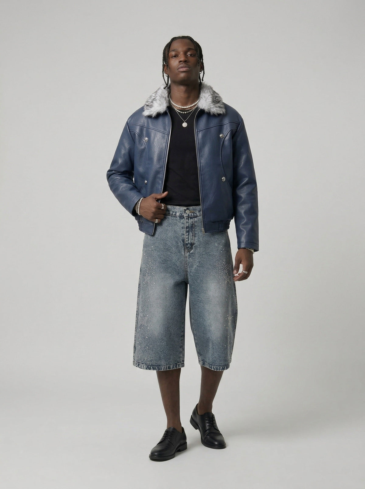 DAXUEN Rhinestone wide-leg denim culottes — model photo