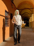 DAXUEN Ribbed long sleeve Henley top with adjustable hem — model photo
