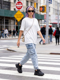 DAXUEN Ribbed oversized short-sleeve T-shirt in white and slate blue — model photo