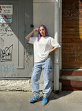 DAXUEN Ribbed oversized short-sleeve T-shirt in white and slate blue — model photo