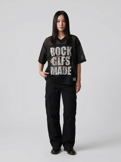 DAXUEN Oversized mesh short-sleeve V-neck T-shirt — model photo