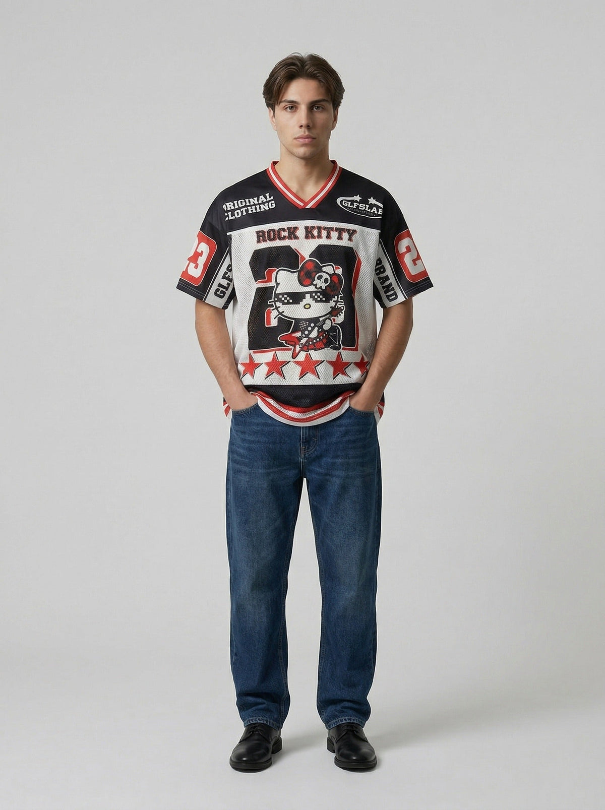 DAXUEN Black and white graphic V-neck t-shirt with red accents — model photo