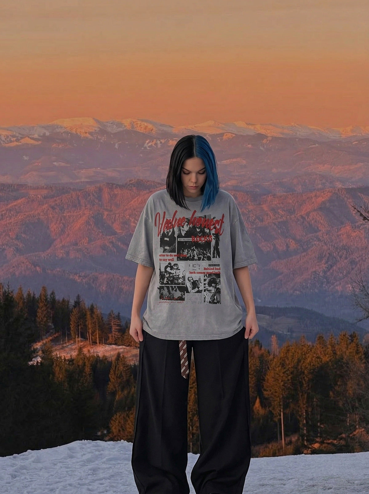 DAXUEN Oversized graphic T-shirt with band print — model photo