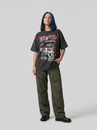 DAXUEN Oversized graphic T-shirt with band print — model photo