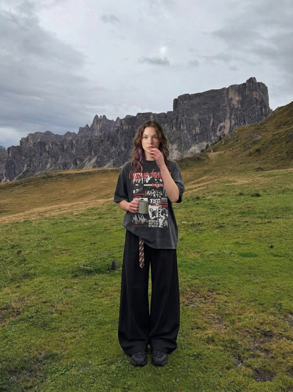 DAXUEN Oversized graphic T-shirt with band print — model photo