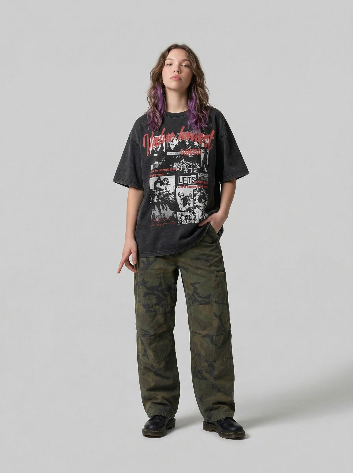 DAXUEN Oversized graphic T-shirt with band print — model photo