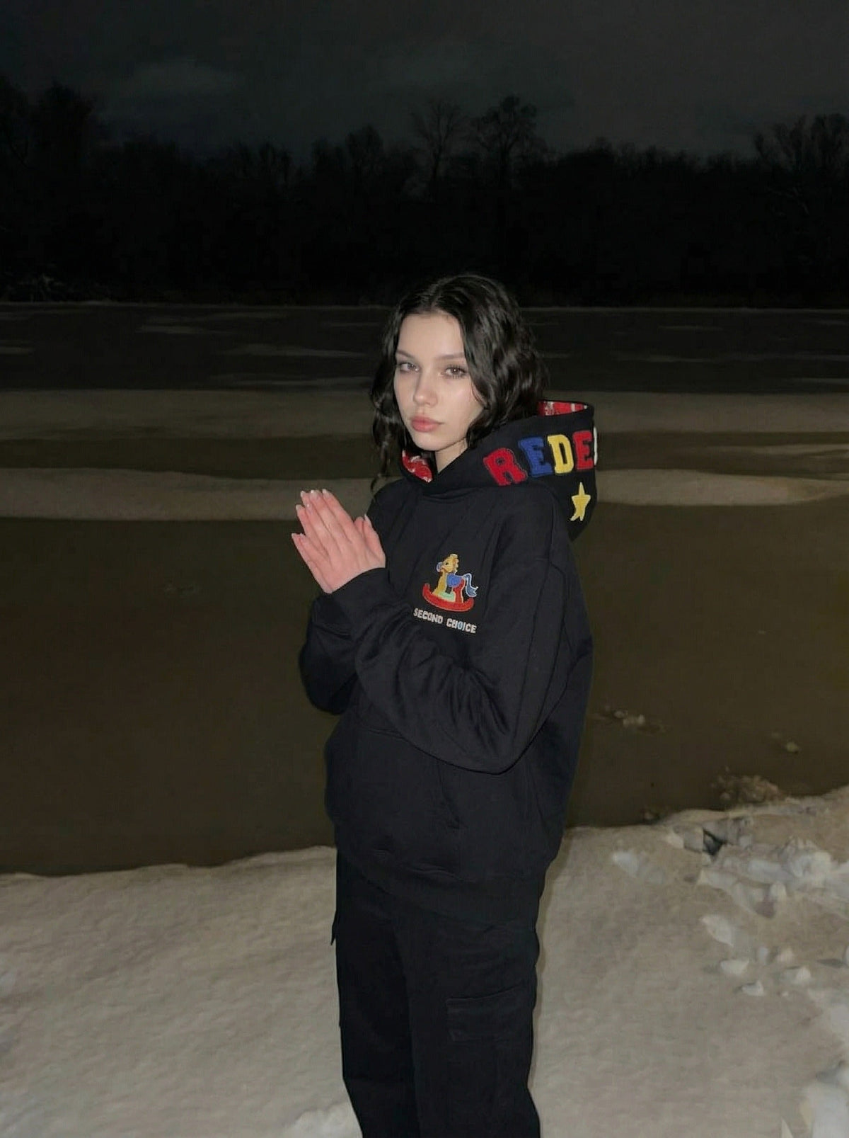 DAXUEN Hooded sweatshirt with rocking horse embroidery — model photo