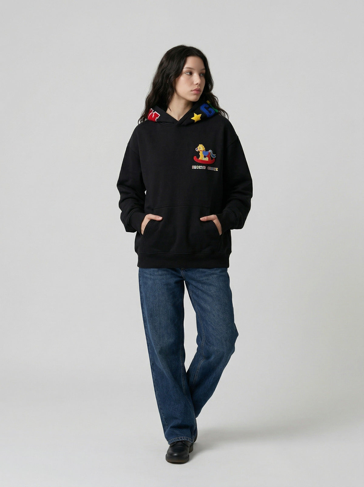 DAXUEN Hooded sweatshirt with rocking horse embroidery — model photo