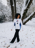 DAXUEN white long sleeve jersey top with royal blue colour-blocking — model photo