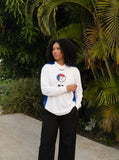 DAXUEN white long sleeve jersey top with royal blue colour-blocking — model photo