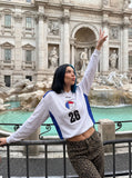 DAXUEN white long sleeve jersey top with royal blue colour-blocking — model photo