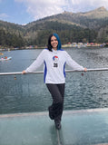 DAXUEN white long sleeve jersey top with royal blue colour-blocking — model photo