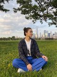 DAXUEN royal blue wide-leg pants with button details — model photo