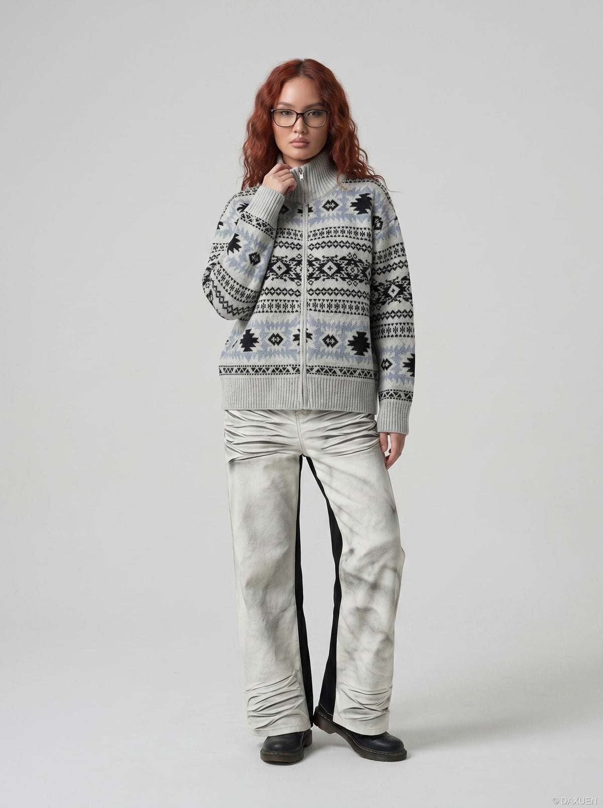 DAXUEN Wide-leg jeans with ruched texture and washed finish — model photo