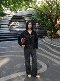 DAXUEN Wide-leg jeans with ruched texture and washed finish — model photo