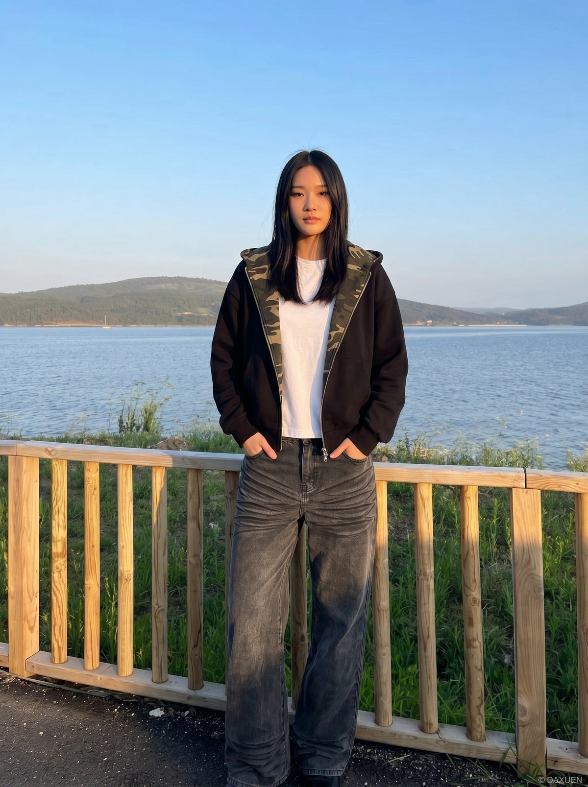 DAXUEN Wide-leg jeans with ruched texture and washed finish — model photo