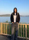 DAXUEN Wide-leg jeans with ruched texture and washed finish — model photo