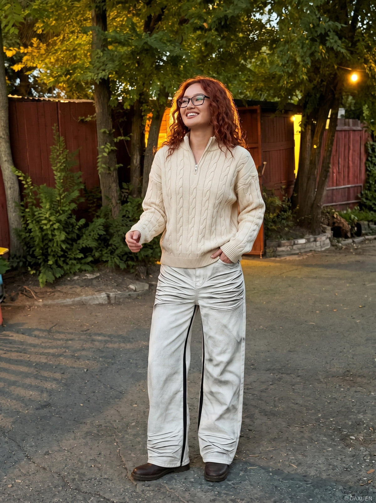 DAXUEN Wide-leg jeans with ruched texture and washed finish — model photo