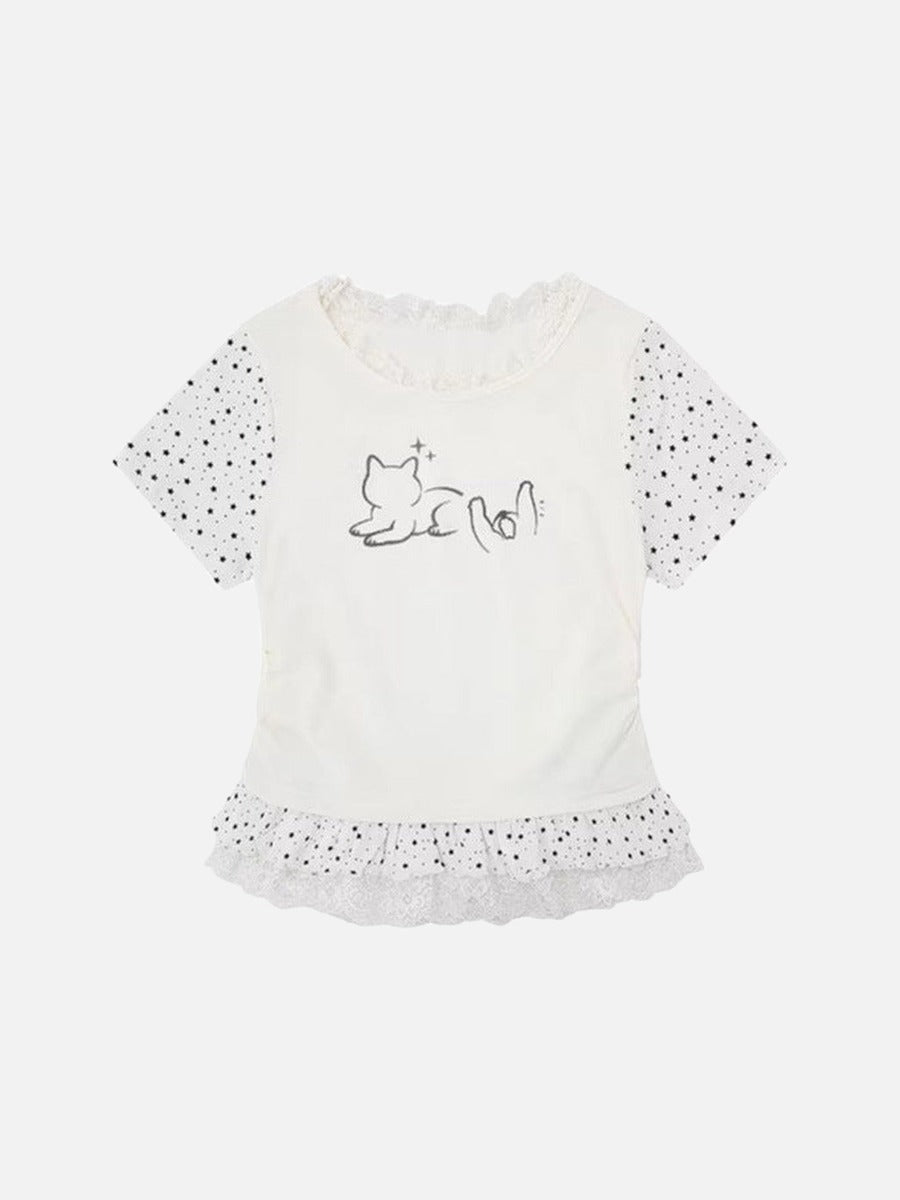 DAXUEN Ruffled short sleeve t-shirt with cat graphic
