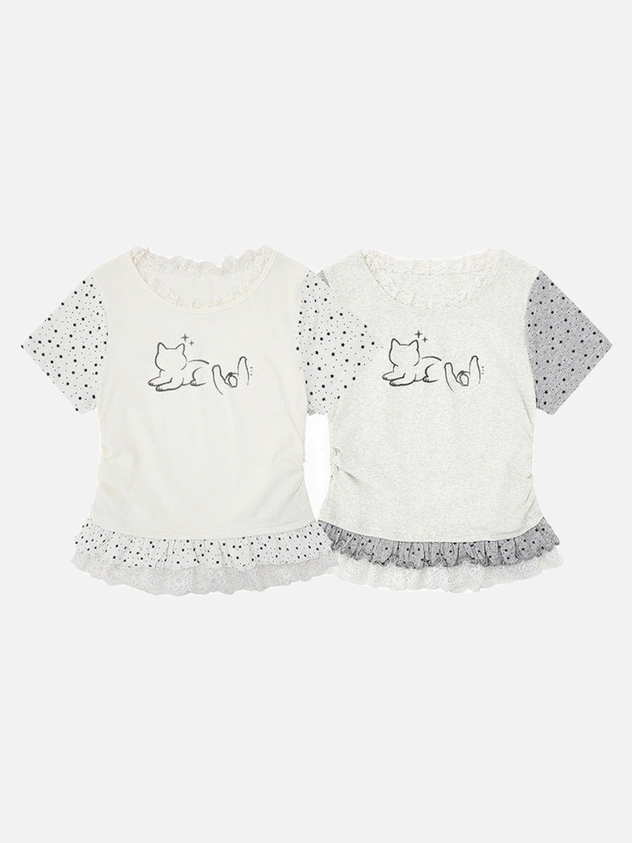 DAXUEN Ruffled short sleeve t-shirt with cat graphic