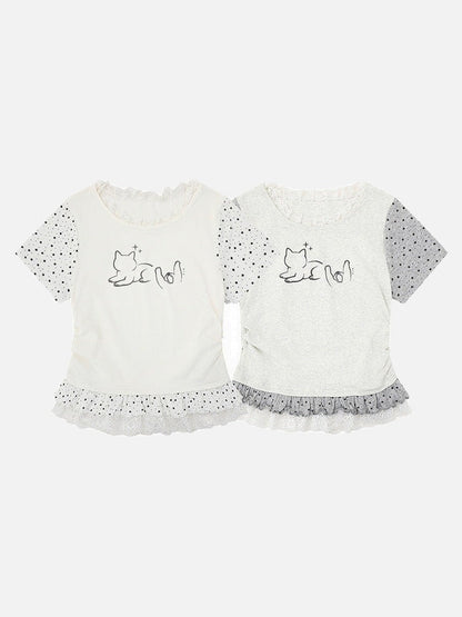 DAXUEN Ruffled short sleeve t-shirt with cat graphic