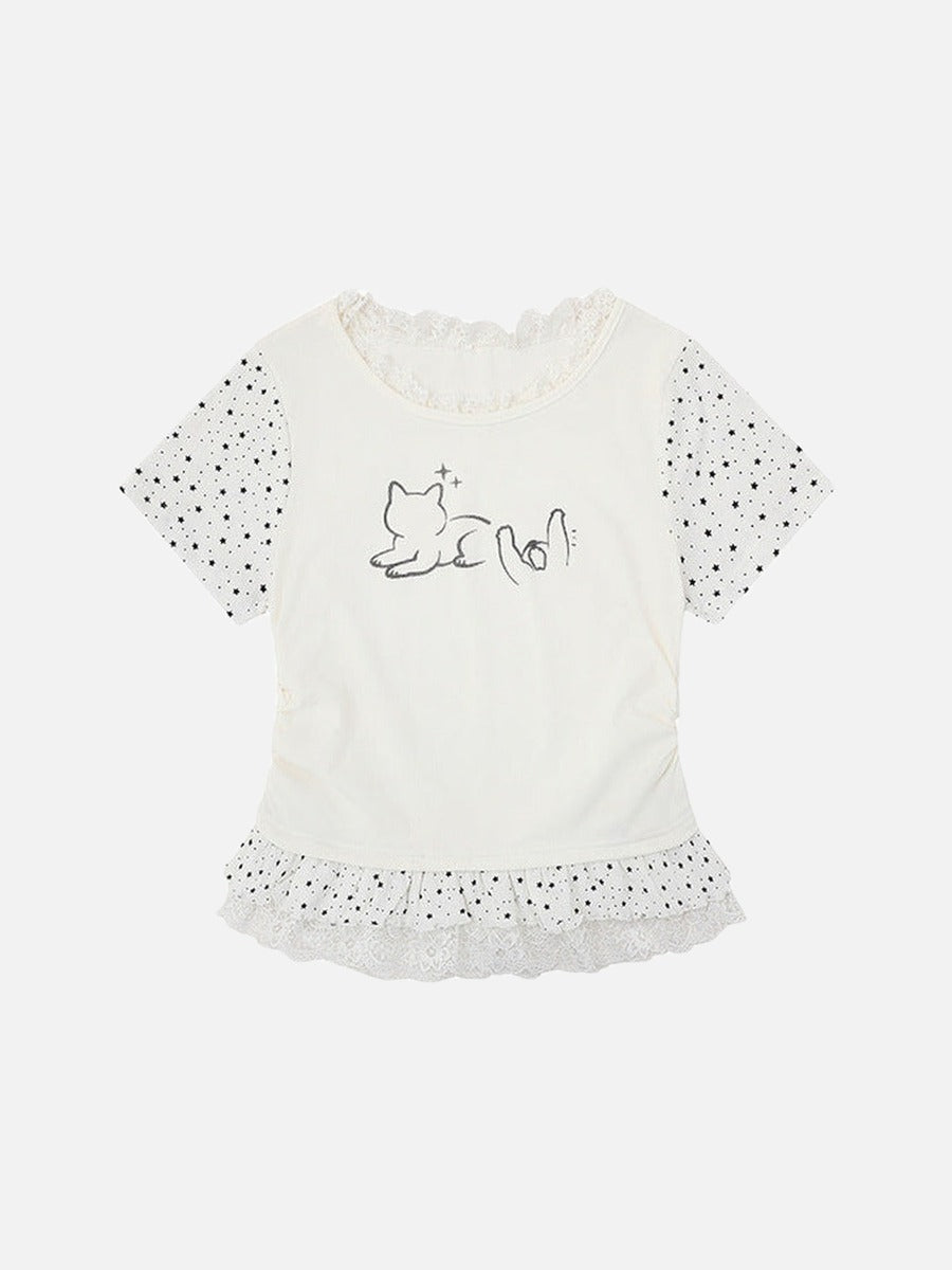 DAXUEN Ruffled short sleeve t-shirt with cat graphic