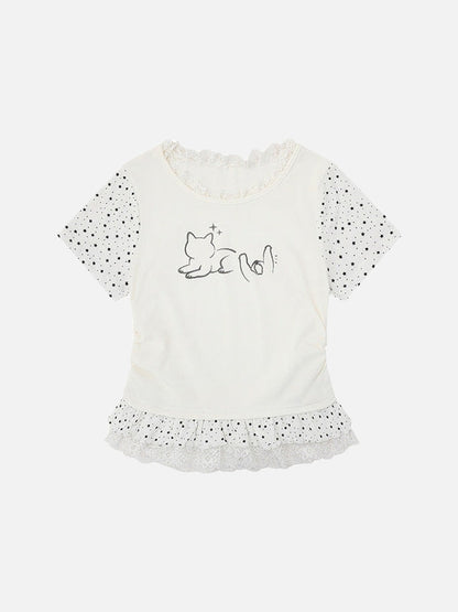 DAXUEN Ruffled short sleeve t-shirt with cat graphic