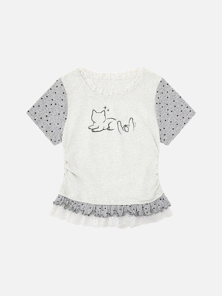 DAXUEN Ruffled short sleeve t-shirt with cat graphic