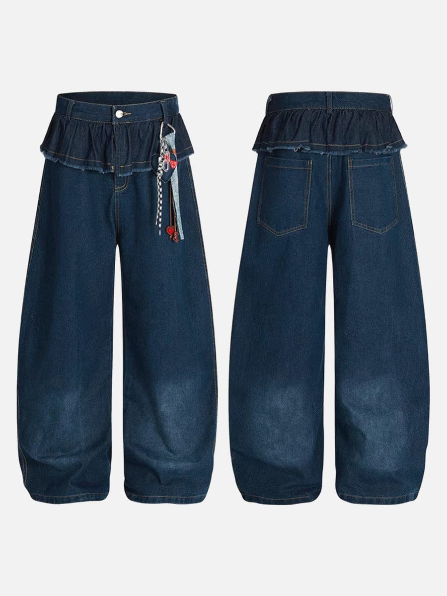 Wide-leg high-waisted denim jeans with ruffled waist