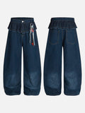 Wide-leg high-waisted denim jeans with ruffled waist