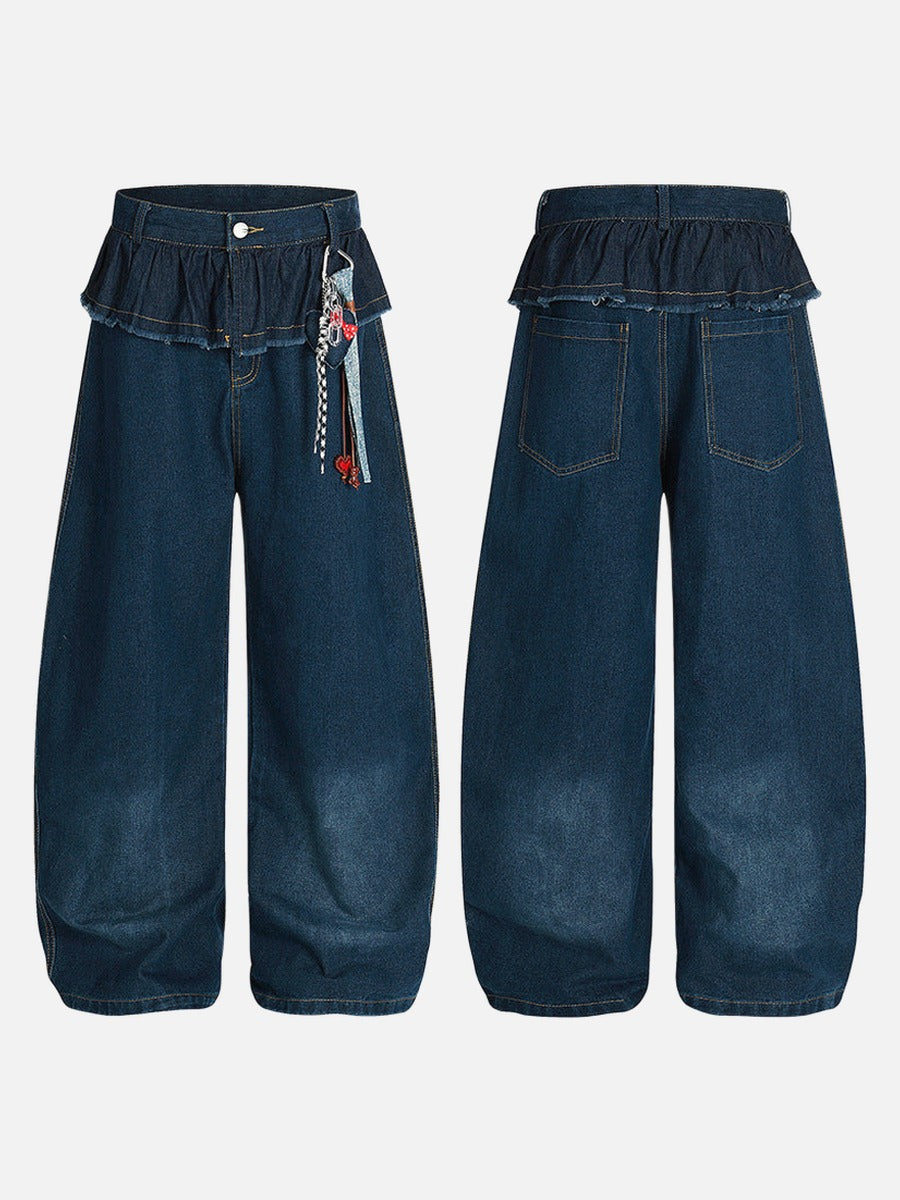 Wide-leg high-waisted denim jeans with ruffled waist
