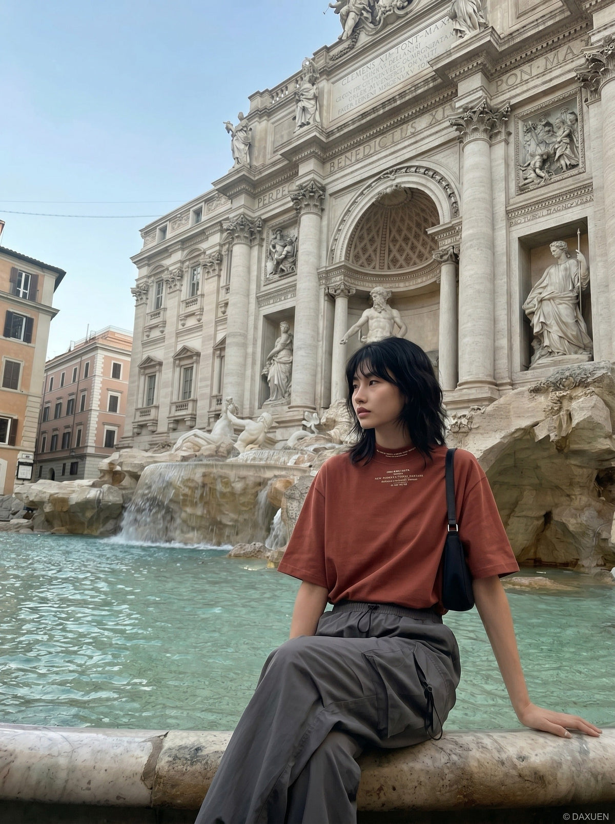 DAXUEN rust oversized mock neck graphic tee — model photo