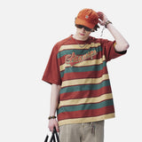 DAXUEN rusty red striped script oversized T-shirt