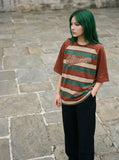 DAXUEN rusty red striped script oversized T-shirt — model photo